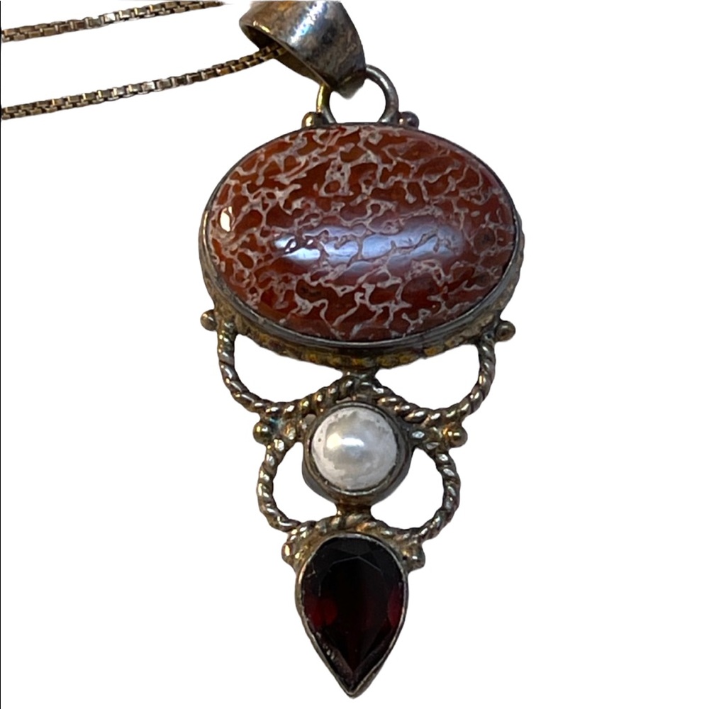 Vintage sterling  silver garnet pearl  pendant necklace & pendsnt